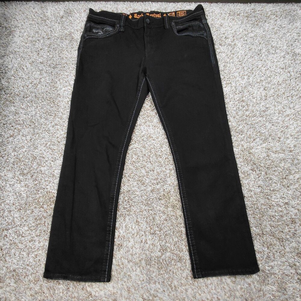 Rock Revival Brayen Straight Embroidered Black Jeans Mens 40x30 Black Stretch